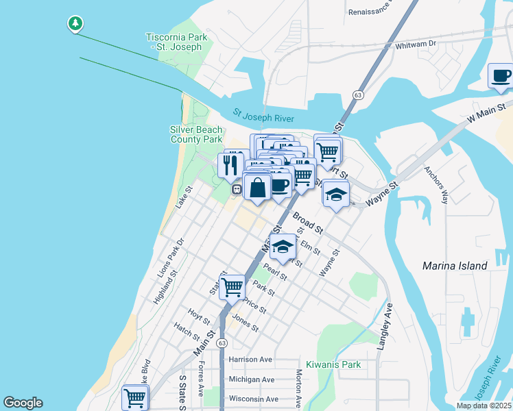 map of restaurants, bars, coffee shops, grocery stores, and more near 505 Lake Street in St. Joseph