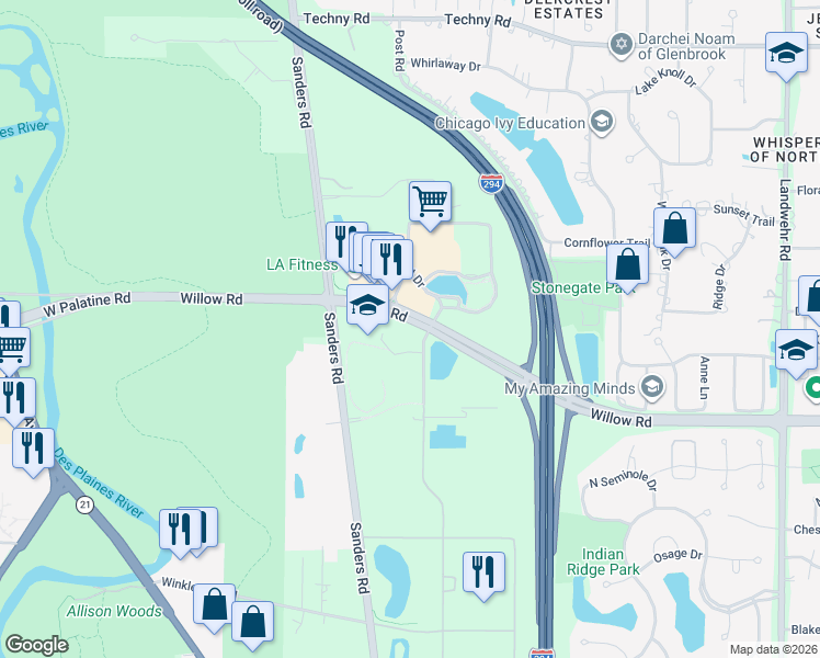 map of restaurants, bars, coffee shops, grocery stores, and more near 3075 Sanders Road in Northbrook