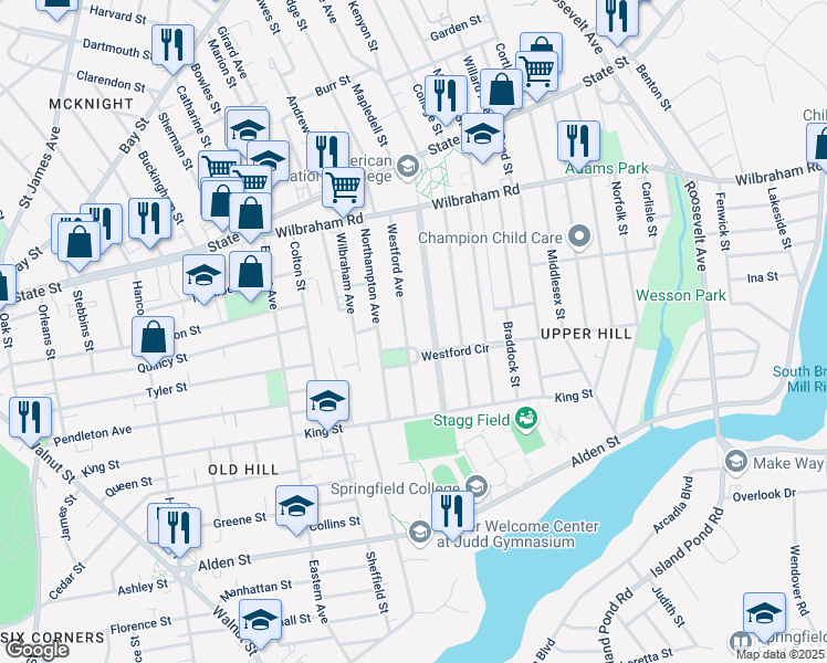 map of restaurants, bars, coffee shops, grocery stores, and more near 133-135 Westford Avenue in Springfield
