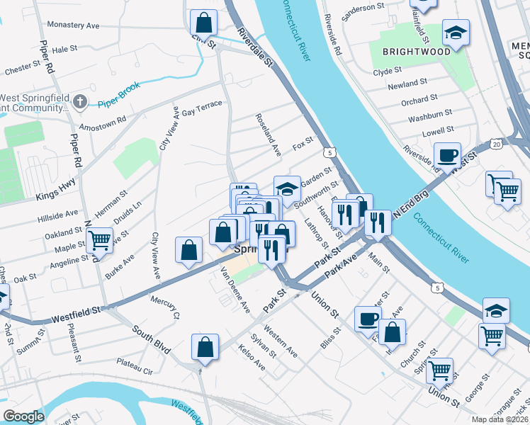 map of restaurants, bars, coffee shops, grocery stores, and more near 138 Southworth Street in West Springfield