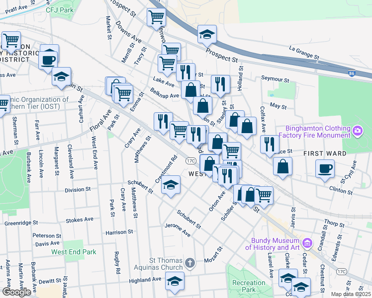 map of restaurants, bars, coffee shops, grocery stores, and more near 267 Main Street in Binghamton