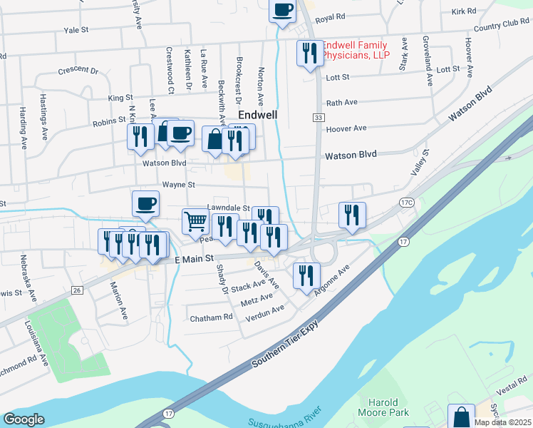 map of restaurants, bars, coffee shops, grocery stores, and more near 3317 Pearl Street in Endicott