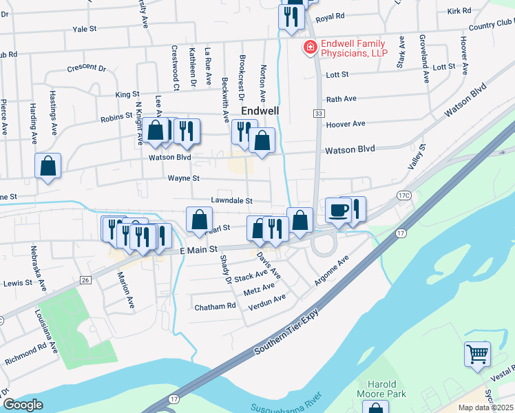 map of restaurants, bars, coffee shops, grocery stores, and more near 12 South Avenue B in Endwell