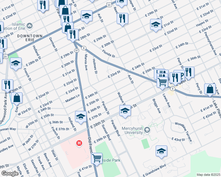 map of restaurants, bars, coffee shops, grocery stores, and more near 451 East 35th Street in Erie
