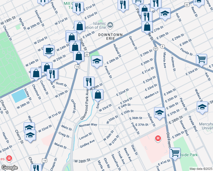 map of restaurants, bars, coffee shops, grocery stores, and more near 3018 State Street in Erie