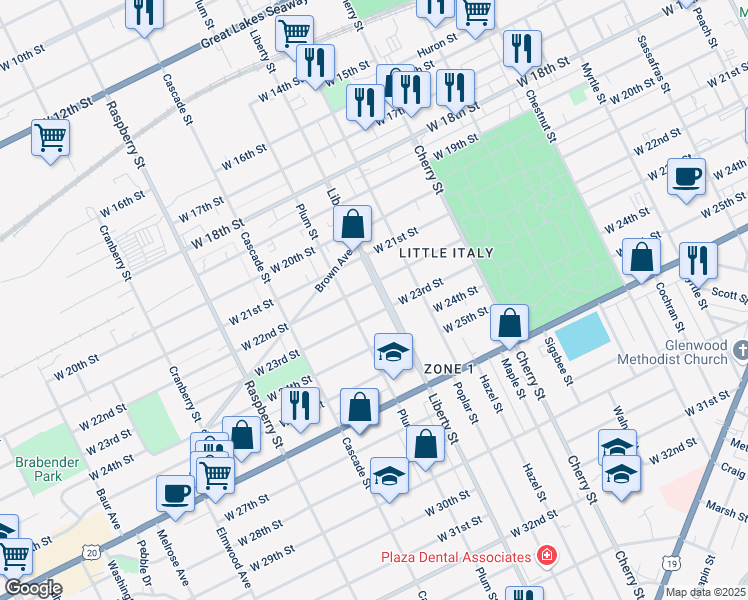 map of restaurants, bars, coffee shops, grocery stores, and more near 2302 Liberty Street in Erie