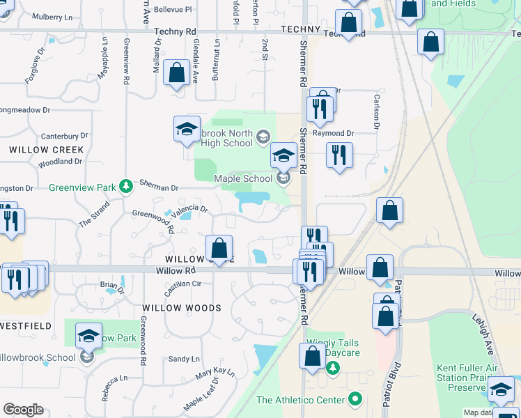 map of restaurants, bars, coffee shops, grocery stores, and more near 2100 Valencia Drive in Northbrook