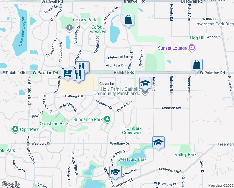 map of restaurants, bars, coffee shops, grocery stores, and more near 1205 Goldenrod Lane in Hoffman Estates