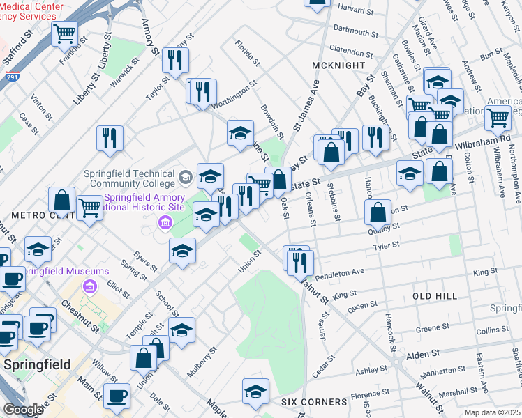 map of restaurants, bars, coffee shops, grocery stores, and more near 521 State Street in Springfield