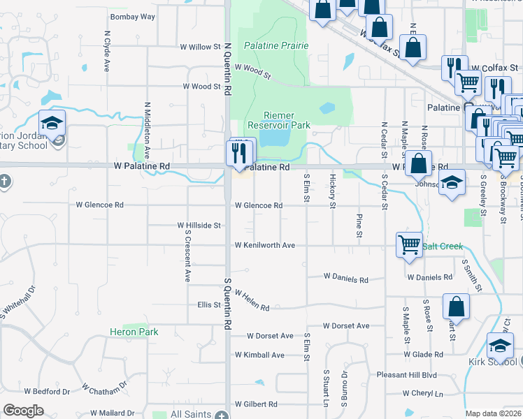 map of restaurants, bars, coffee shops, grocery stores, and more near 120 South Ash Street in Palatine