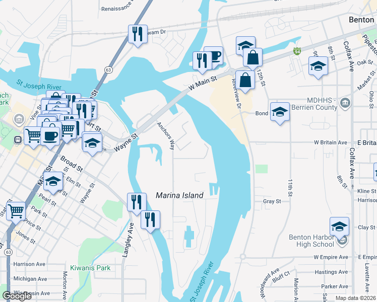 map of restaurants, bars, coffee shops, grocery stores, and more near 273 Shoreview Way in St. Joseph