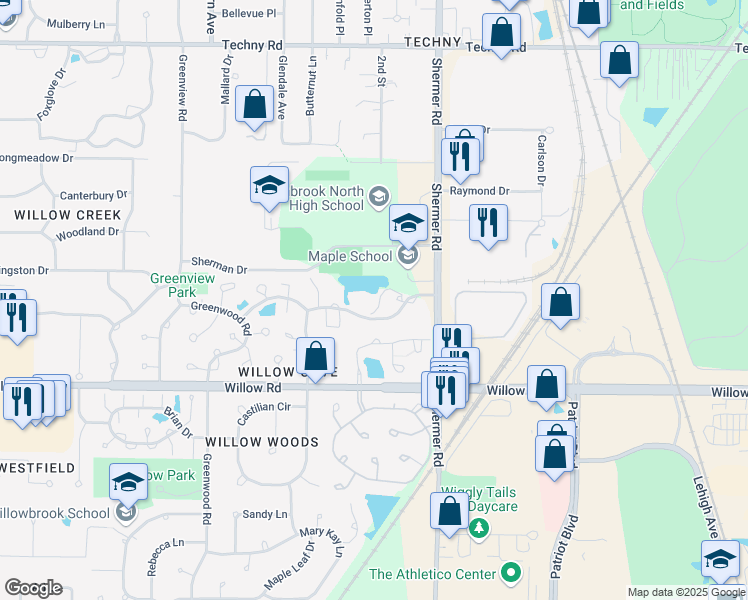map of restaurants, bars, coffee shops, grocery stores, and more near 2125 Valencia Drive in Northbrook