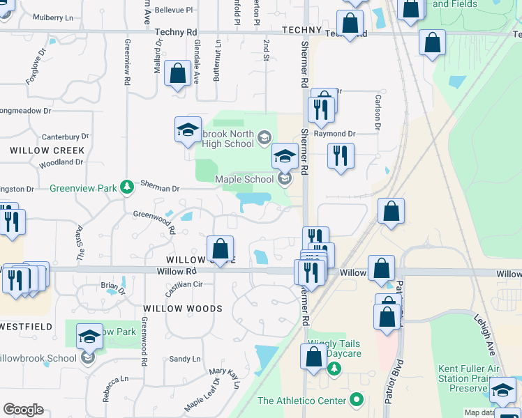 map of restaurants, bars, coffee shops, grocery stores, and more near 2100 Valencia Drive in Northbrook