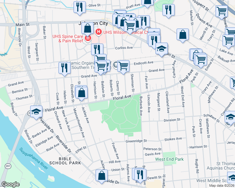 map of restaurants, bars, coffee shops, grocery stores, and more near 60 Cherry Street in Johnson City