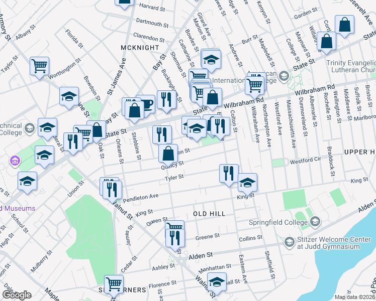 map of restaurants, bars, coffee shops, grocery stores, and more near 679 Union Street in Springfield