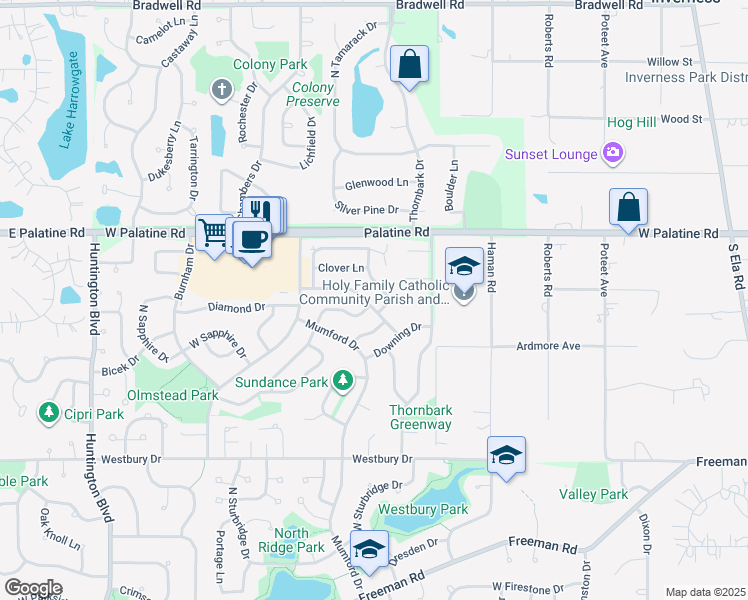 map of restaurants, bars, coffee shops, grocery stores, and more near 1205 Goldenrod Lane in Hoffman Estates