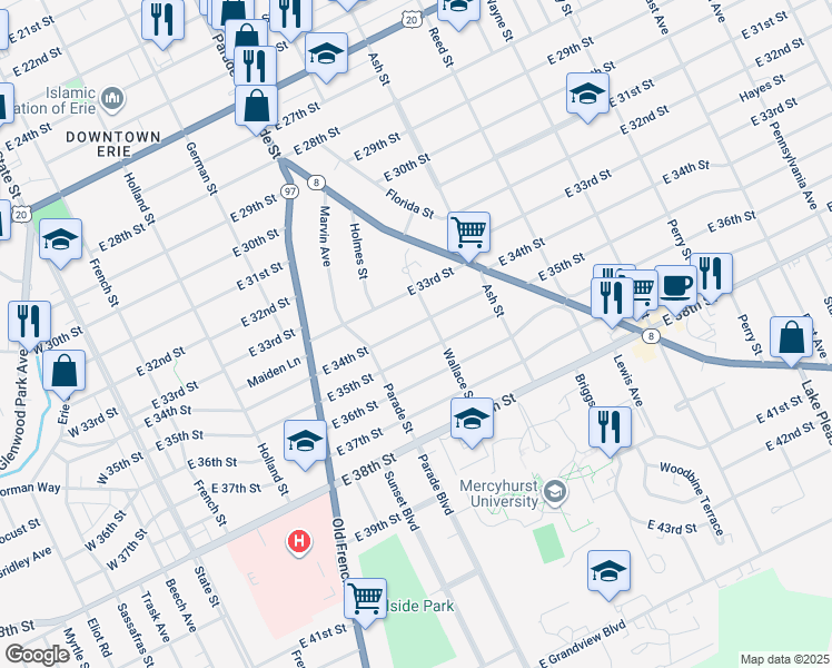 map of restaurants, bars, coffee shops, grocery stores, and more near 451 East 35th Street in Erie
