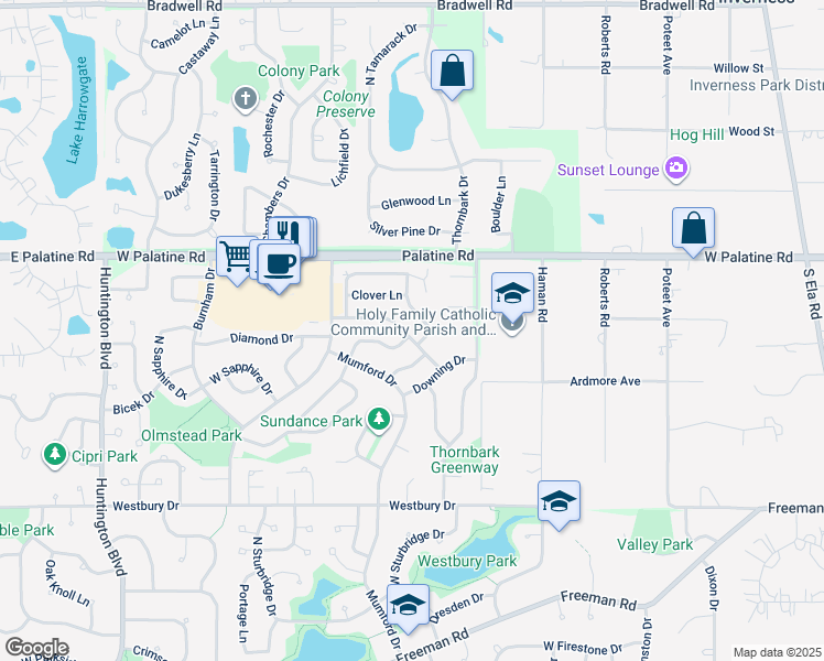 map of restaurants, bars, coffee shops, grocery stores, and more near 1205 Goldenrod Lane in Hoffman Estates