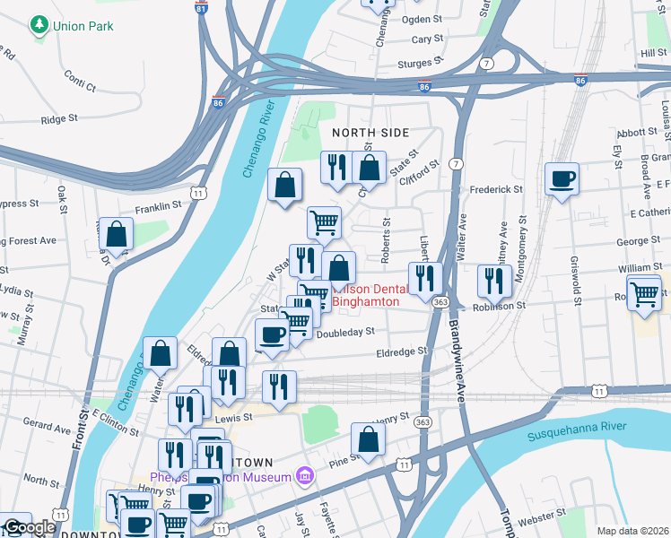 map of restaurants, bars, coffee shops, grocery stores, and more near 457 State Street in Binghamton