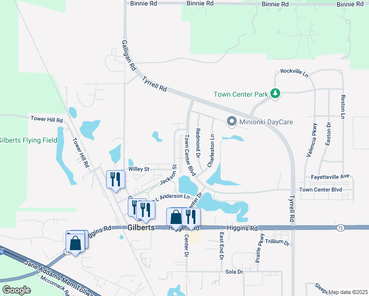 map of restaurants, bars, coffee shops, grocery stores, and more near 166 Town Center Boulevard in Gilberts