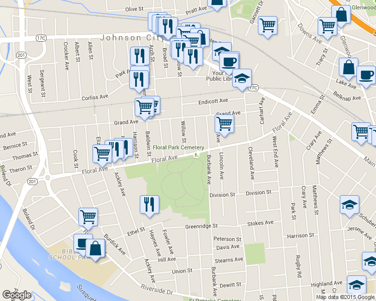 map of restaurants, bars, coffee shops, grocery stores, and more near 145 Floral Avenue in Johnson City
