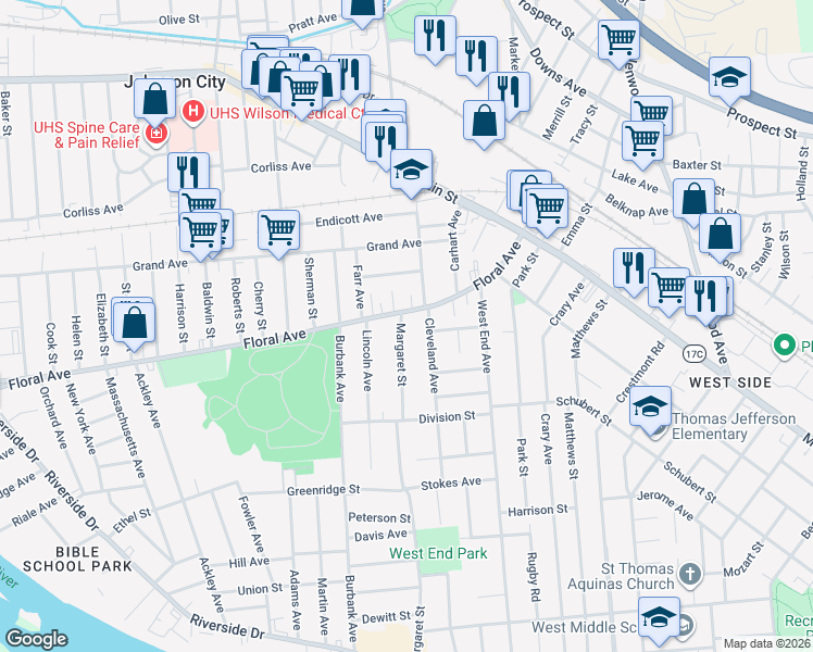 map of restaurants, bars, coffee shops, grocery stores, and more near 1 Margaret Street in Binghamton