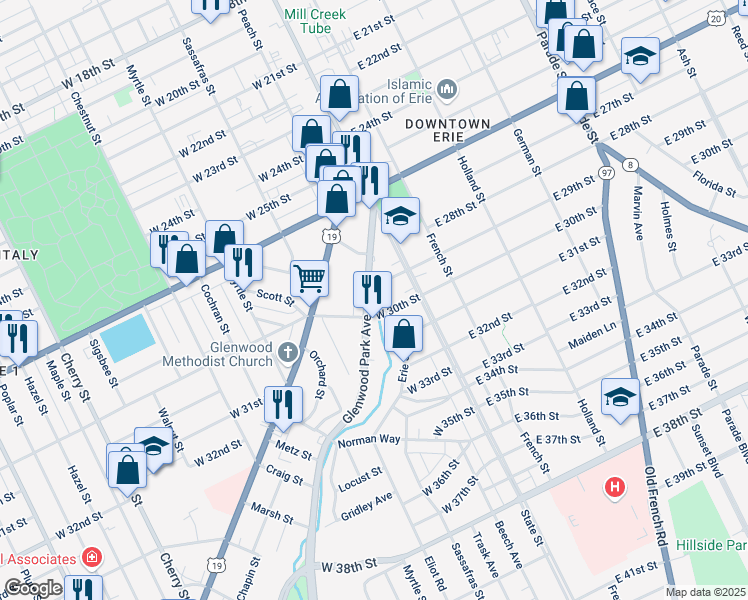 map of restaurants, bars, coffee shops, grocery stores, and more near 43-99 West 30th Street in Erie
