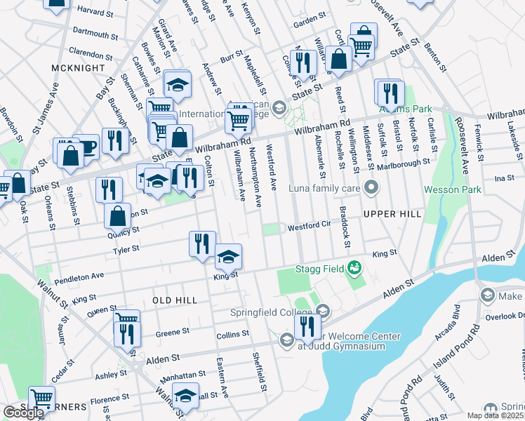 map of restaurants, bars, coffee shops, grocery stores, and more near 24 Gunn Square in Springfield