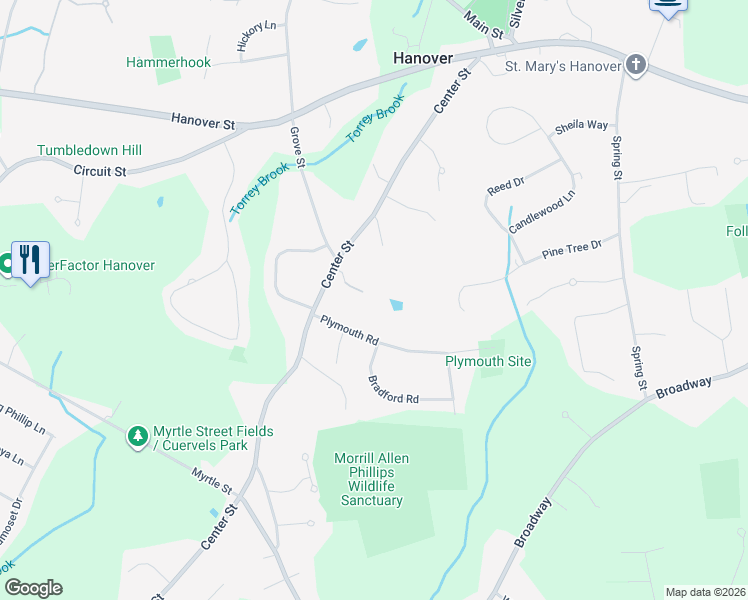 map of restaurants, bars, coffee shops, grocery stores, and more near 54 Plymouth Road in Hanover