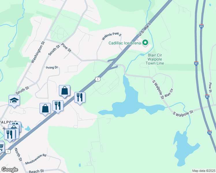 map of restaurants, bars, coffee shops, grocery stores, and more near 6 Sunset Drive in Walpole