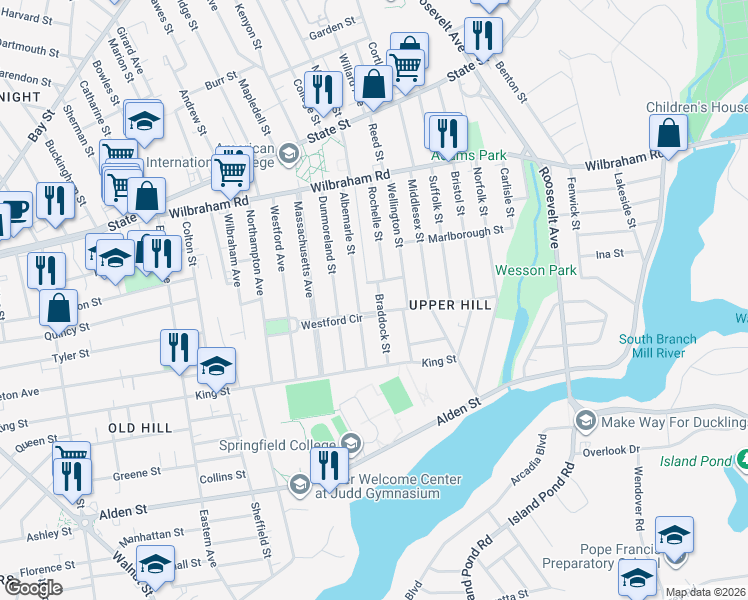 map of restaurants, bars, coffee shops, grocery stores, and more near 100 Westford Circle in Springfield