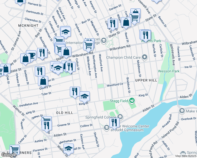 map of restaurants, bars, coffee shops, grocery stores, and more near 24 Gunn Square in Springfield