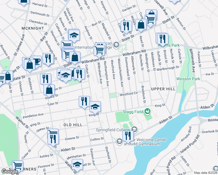 map of restaurants, bars, coffee shops, grocery stores, and more near 24 Gunn Square in Springfield