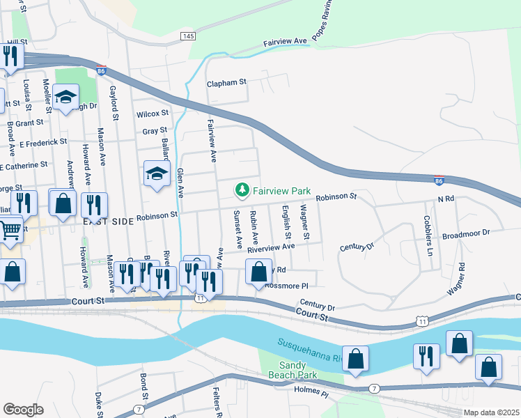 map of restaurants, bars, coffee shops, grocery stores, and more near 15 Rubin Avenue in Binghamton