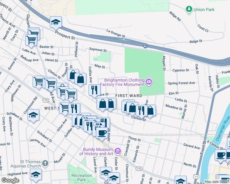 map of restaurants, bars, coffee shops, grocery stores, and more near 37 Grace Street in Binghamton