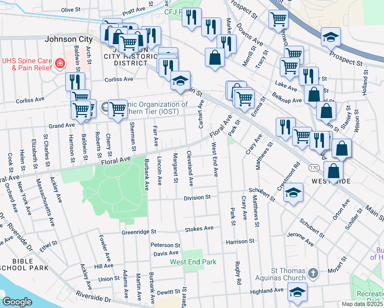 map of restaurants, bars, coffee shops, grocery stores, and more near 1 Grant Avenue in Binghamton