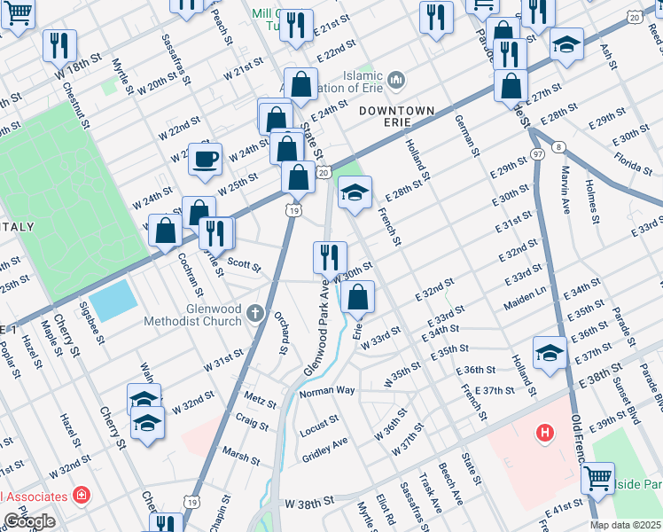 map of restaurants, bars, coffee shops, grocery stores, and more near 43-99 West 30th Street in Erie