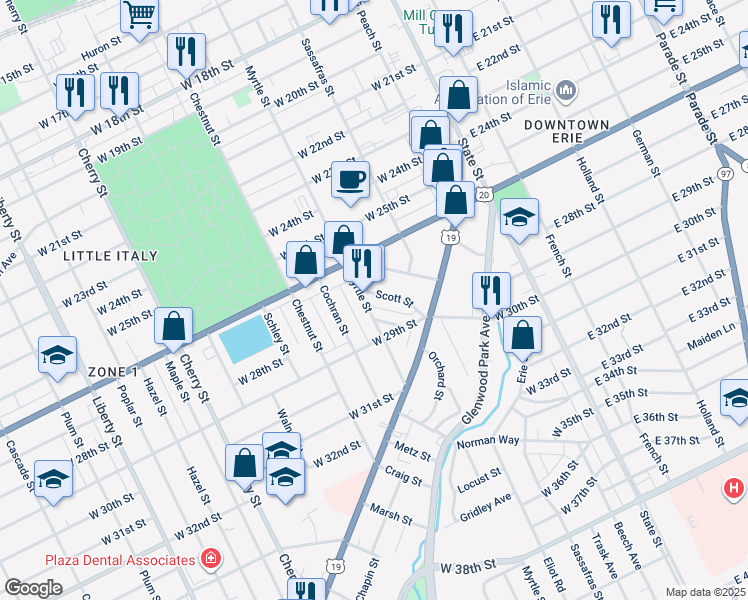 map of restaurants, bars, coffee shops, grocery stores, and more near 2658 Myrtle Street in Erie