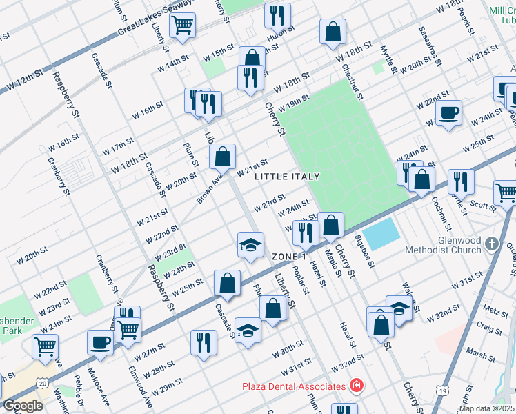 map of restaurants, bars, coffee shops, grocery stores, and more near 2316 Poplar Street in Erie