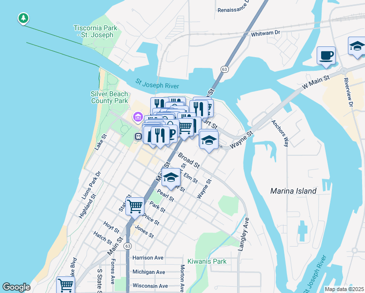 map of restaurants, bars, coffee shops, grocery stores, and more near 700 Broad Street in St. Joseph