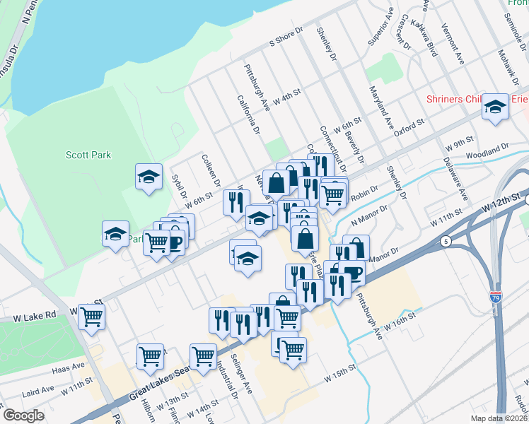 map of restaurants, bars, coffee shops, grocery stores, and more near 2321-2399 W 8th St in Erie