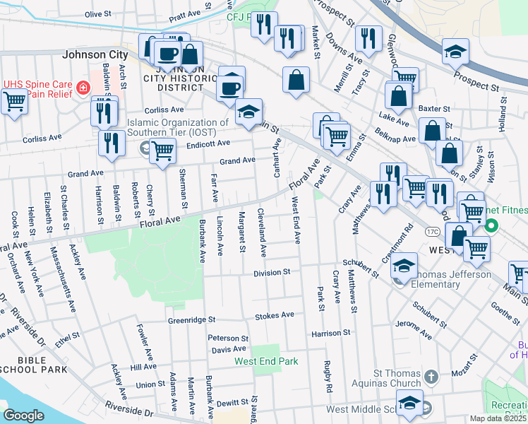 map of restaurants, bars, coffee shops, grocery stores, and more near 18 Garfield Avenue in Binghamton
