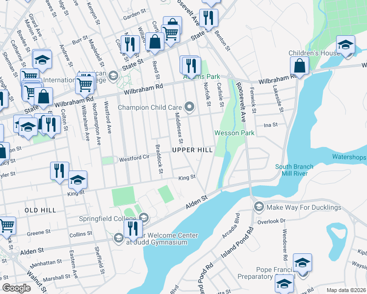 map of restaurants, bars, coffee shops, grocery stores, and more near 170 Westford Circle in Springfield