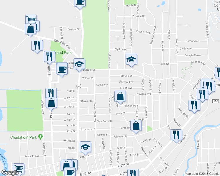 map of restaurants, bars, coffee shops, grocery stores, and more near 71 Euclid Avenue in Jamestown