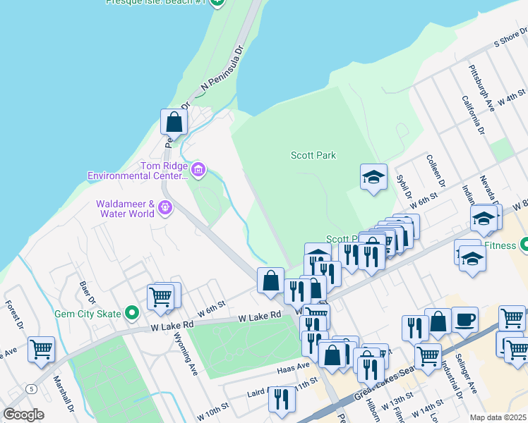 map of restaurants, bars, coffee shops, grocery stores, and more near 308 Presque Isle Boulevard in Erie