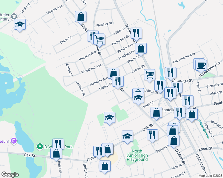 map of restaurants, bars, coffee shops, grocery stores, and more near 21 Willow Street in Brockton