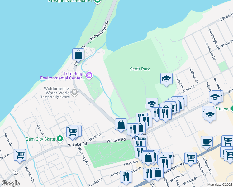 map of restaurants, bars, coffee shops, grocery stores, and more near 310 Presque Isle Boulevard in Erie
