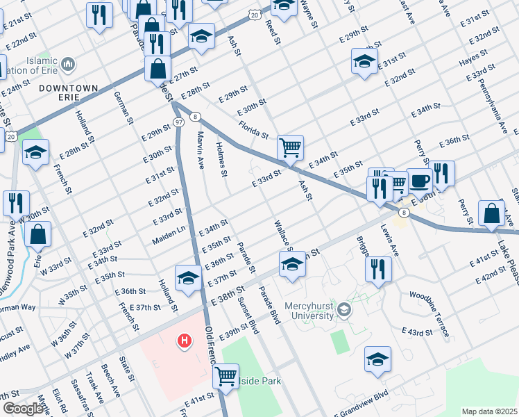 map of restaurants, bars, coffee shops, grocery stores, and more near 453 East 34th Street in Erie