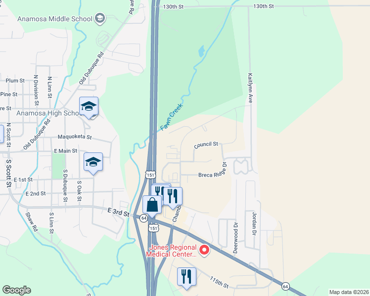 map of restaurants, bars, coffee shops, grocery stores, and more near 403 Chamber Drive in Anamosa