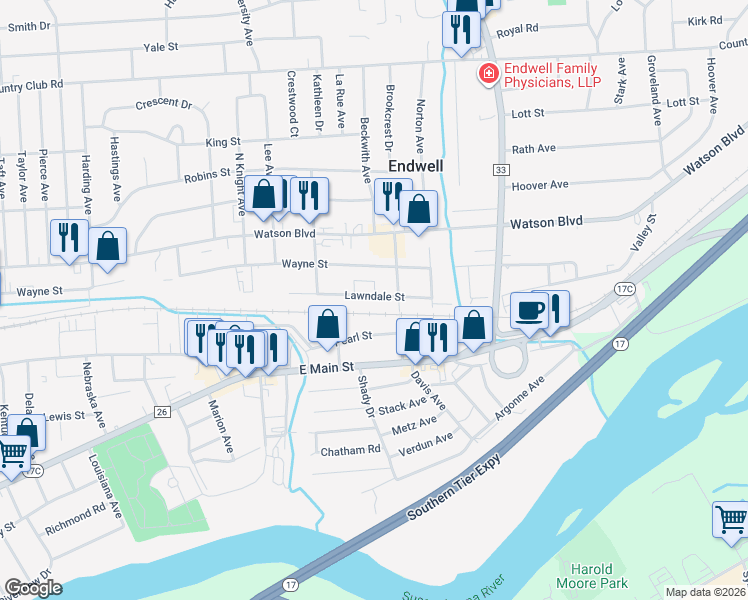 map of restaurants, bars, coffee shops, grocery stores, and more near 3222 Lawndale Street in Endicott